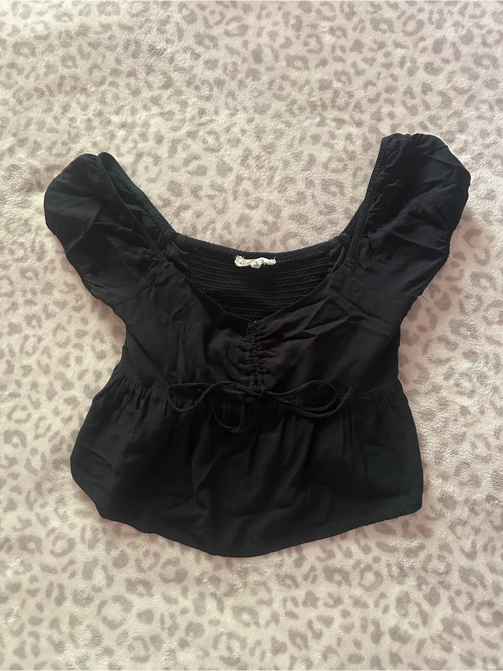 La Hearts Black Short Sleeve Peplum Crop Top with Front Tie